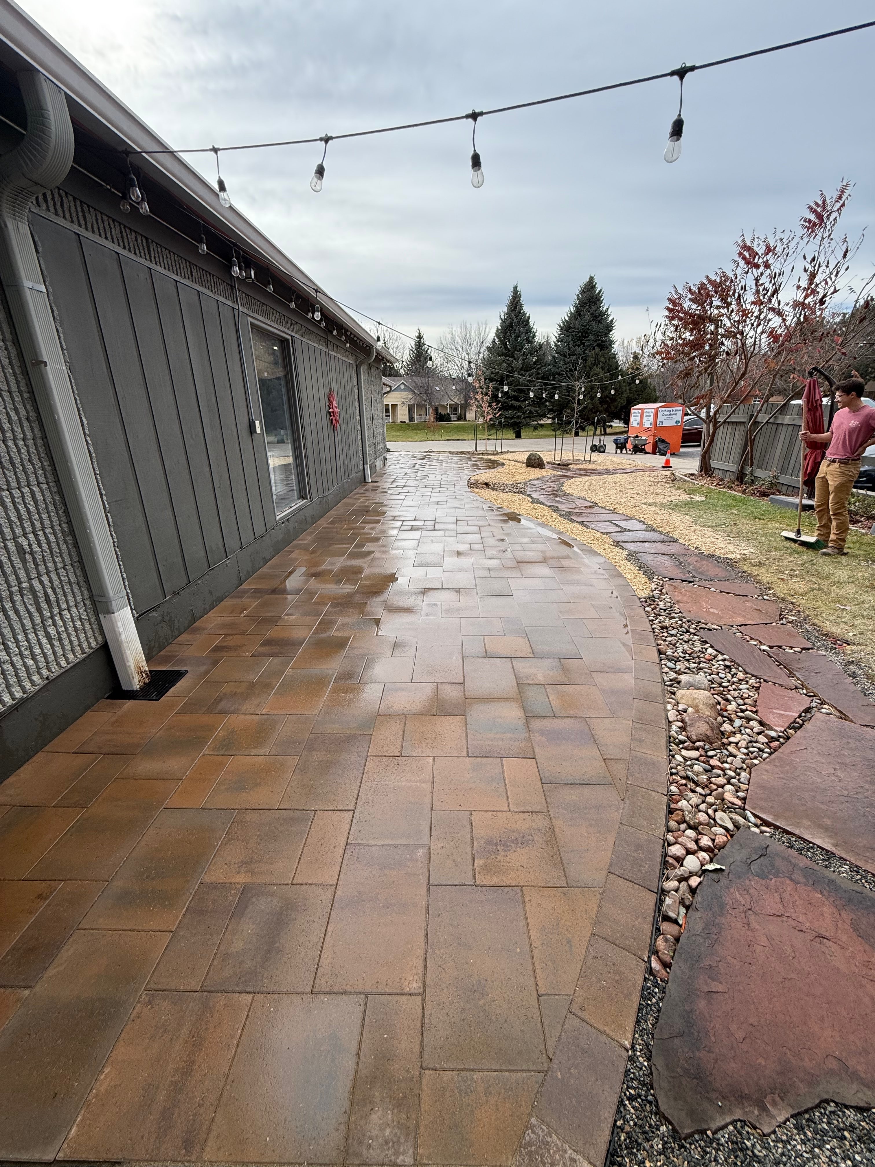 Paver patio with string lights
